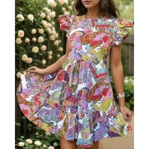 Caroline Constas Dress Papillon Butterfly Flutter Sleeve Mini Tiered Dress XS
